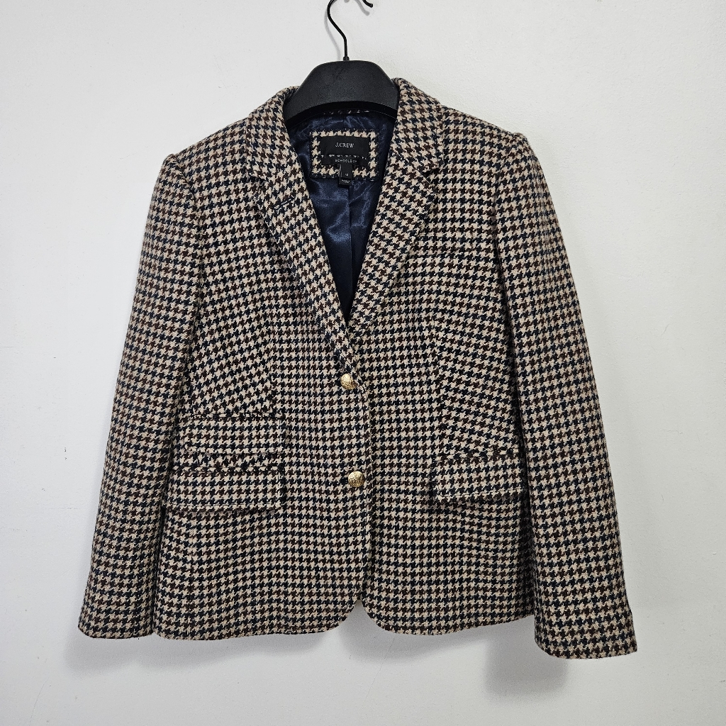 J. Crew Wool Schoolboy Blazer In Houndstooth Sz 12 Brown Beige